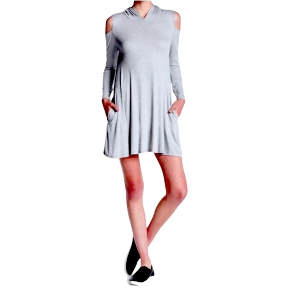 Elan Cold Shoulder Hoodie Dress Medium 6 8 Grey 2 Pockets Long Sleeve Shift NWT - Picture 4 of 10